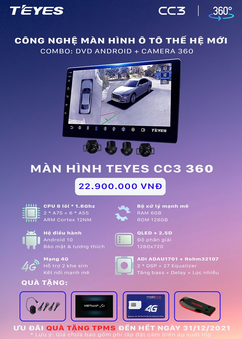 Bảng giá màn hình Teyes CC3 360 tích hợp camera 360 chính hãng