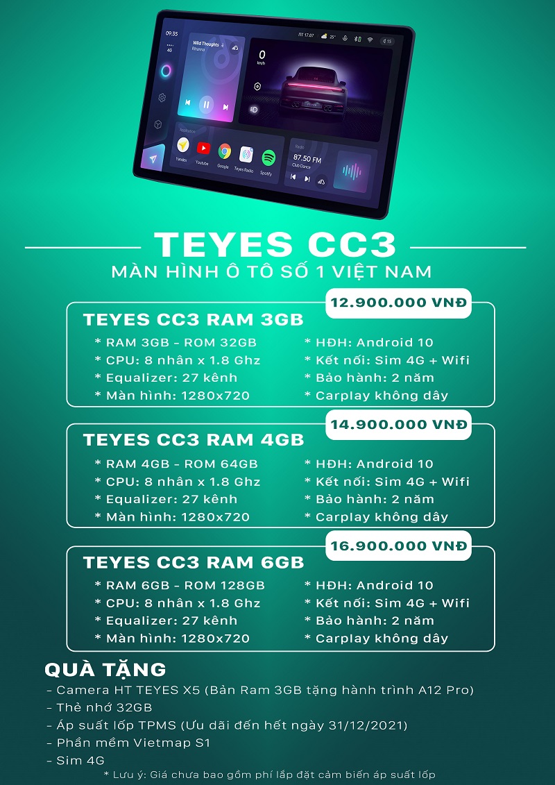 Bảng giá màn hình Teyes CC3 chính hãng mới nhất 2022