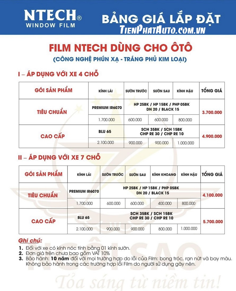 Bảng giá dán phim cách nhiệt Ntech chính hãng cho Toyota Avanza