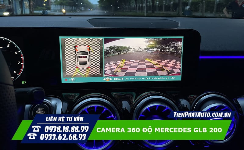 Hình ảnh camera 360 độ Mercedes GLB 200 hiển thị phía sau kèm đánh lái
