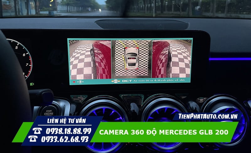 Hình ảnh camera 360 độ Mercedes GLB 200 hiển thị 2 bên hông phía trước