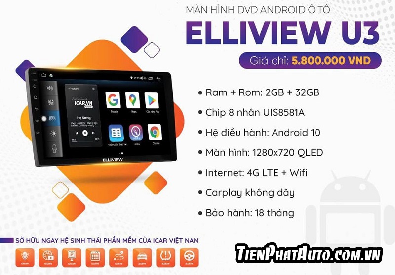 Bảng giá màn hình Android Elliview U3 chính hãng cho xe ô tô