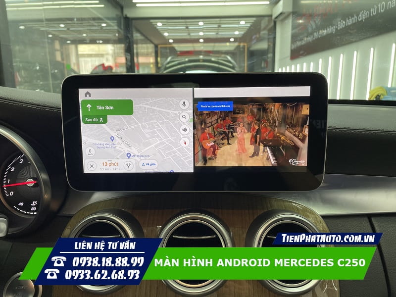 Màn hình Android Mercedes C250 chia màn hình sử dụng nhiều ứng dụng