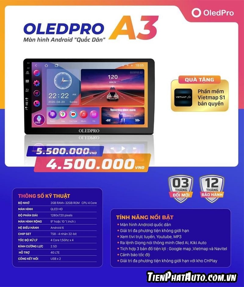 Bảng giá màn hình Android OLED Pro A3 chính hãng cho xe ô tô