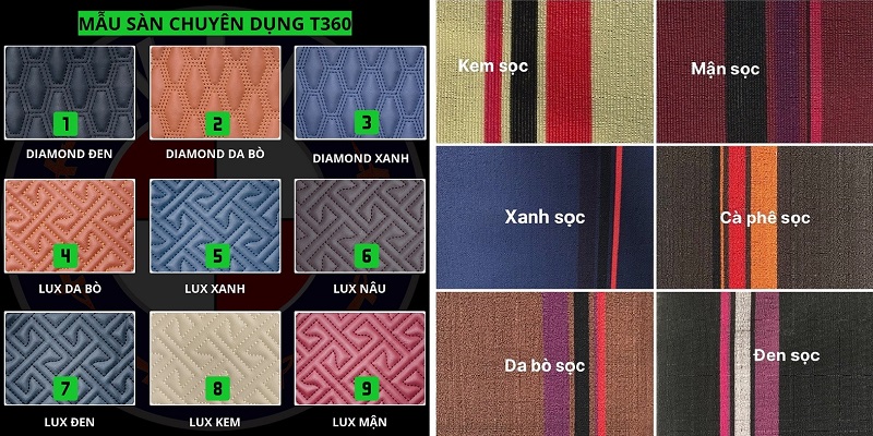 Bảng mẫu thảm lót sàn cho xe ô tô chất liệu 360 cao cấp
