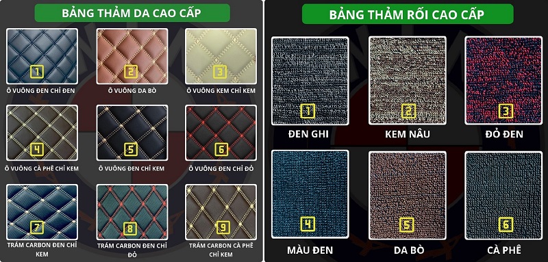 Bảng mẫu thảm lót sàn cho xe ô tô chất liệu 5D 6D